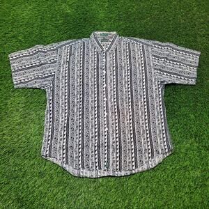 VTG 90s Izod AOP Geometric Shirt Mens XL Black and White Boxy Fit Baggy